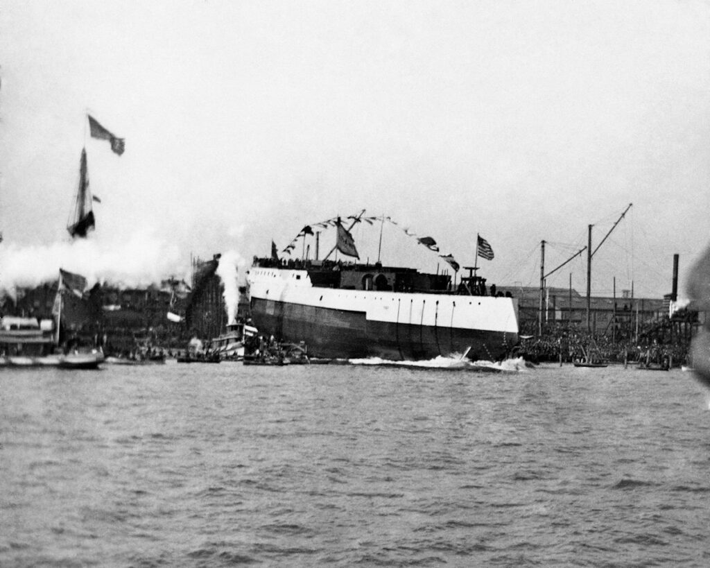 USS Iowa (BB-4)being launched at Cramp Shipbuilding in Philadelphia, 28 March 1896