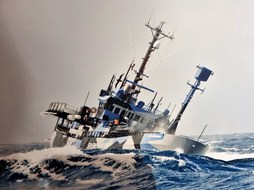 Dramatic painting of the Sea Shepherd’s MV Steve Irwin