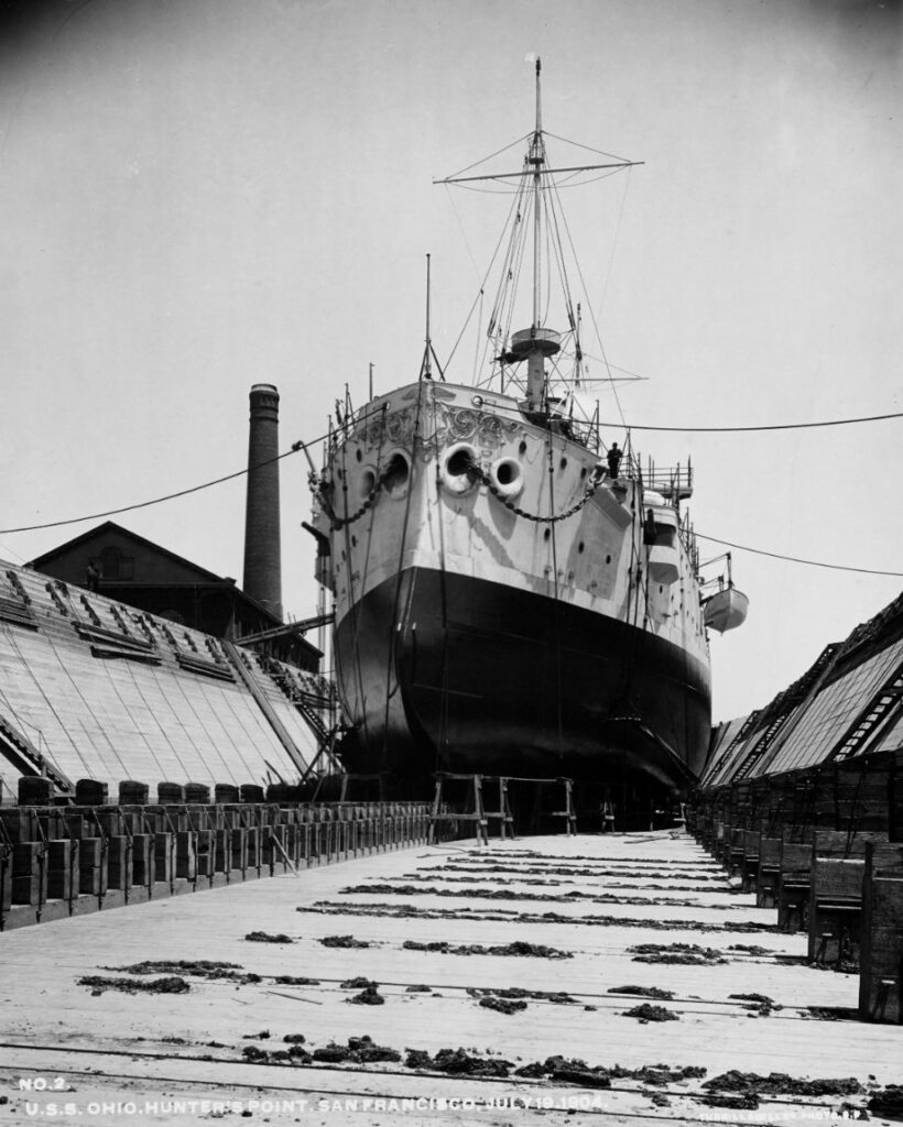 USS Iowa (BB-4) in dry dock at Hunter's Point, San Francisco, California, 19 July 1904