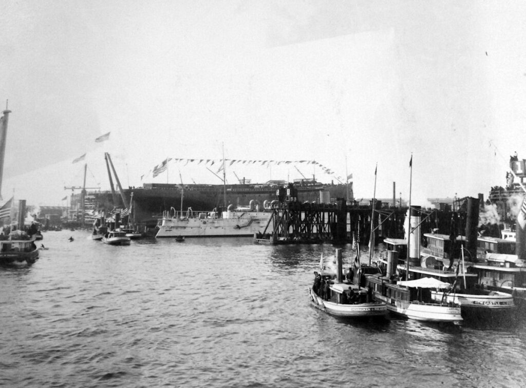 USS Iowa (BB-4) just after launching at Cramp Shipbuilding in Philadelphia, 28 March 1896