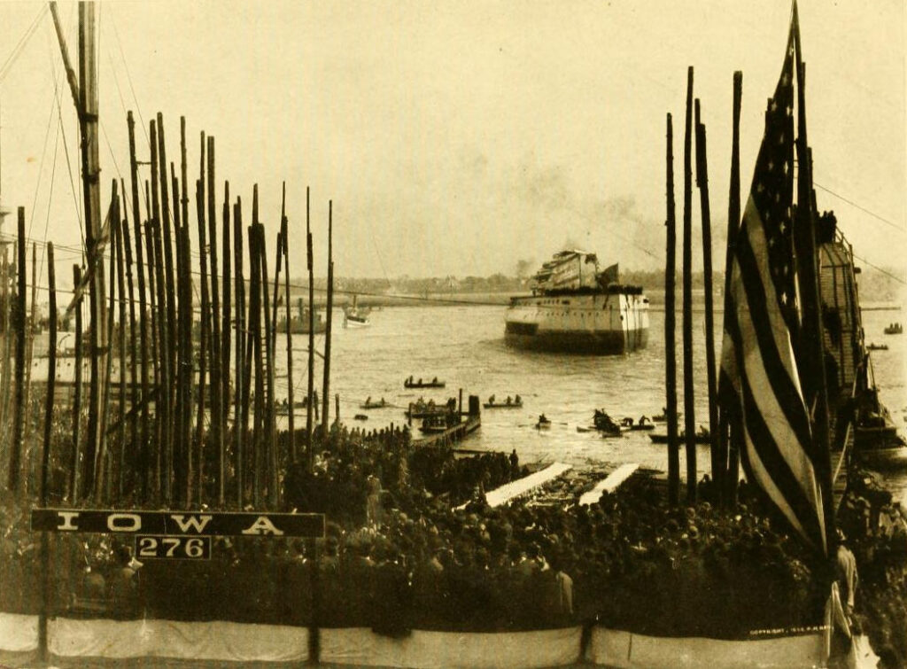 USS Iowa (BB-4) just after launching at Cramp Shipbuilding in Philadelphia, 28 March 1896