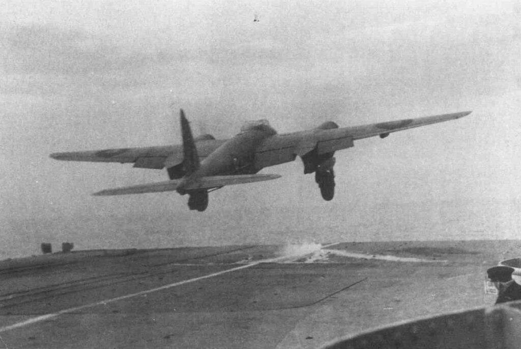 de Havilland Mosquito TR Mk 33 Prototype LR359 during deck trials on HMS Indefatigable March 1944