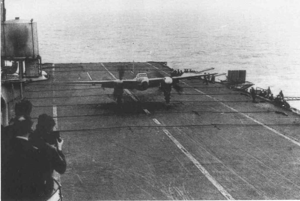 de Havilland Mosquito TR Mk 33 Prototype LR359 during deck trials on HMS Indefatigable March 1944