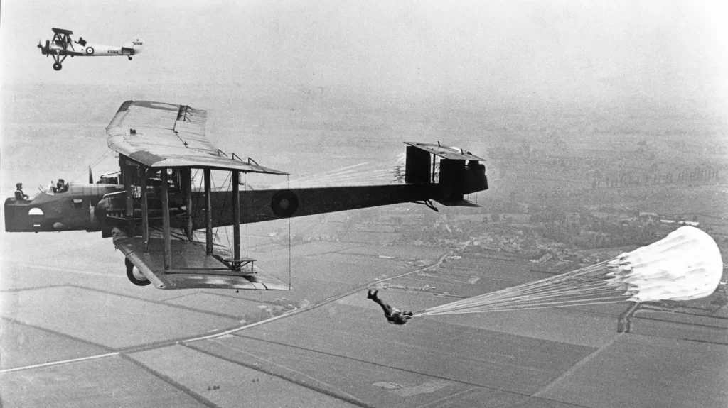 Parachute training from a Virginia X at RAF Henlow.