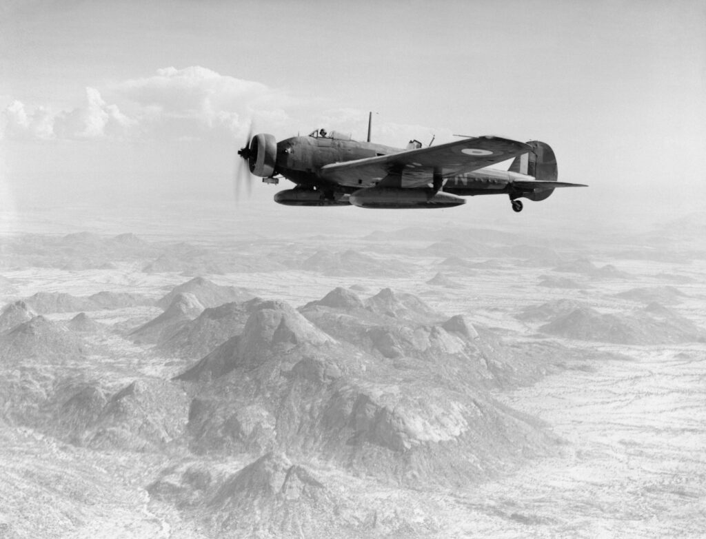 Vickers Wellesley K7775 KU-N of No. 47 Squadron RAF based at Agordat, Eritrea, in flight during a bombing mission to Keren