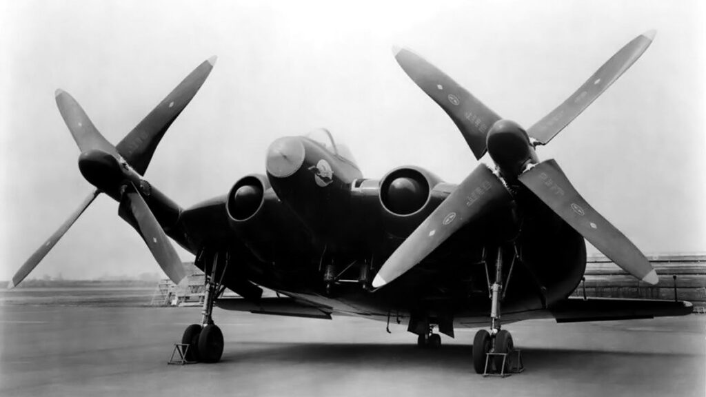 Vought XF5U with its special, wide-cord, articulating propellers