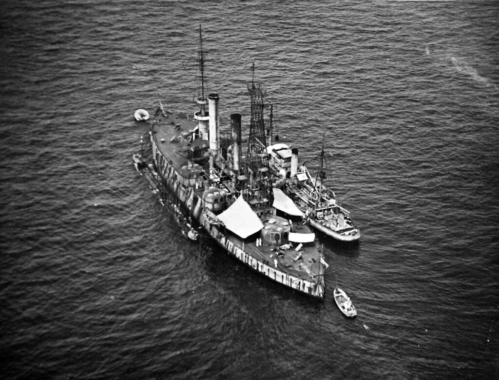 IX-6 ex-Iowa (BB-4), at anchor in Panama Bay, later sunk by gunfire while maneuvering under radio control, 23 March 1923