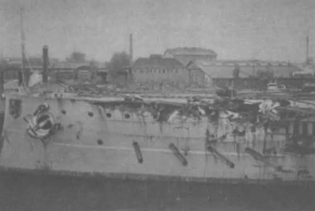 Damage to the SMS Nassau after the collision with the HMS Spitfire