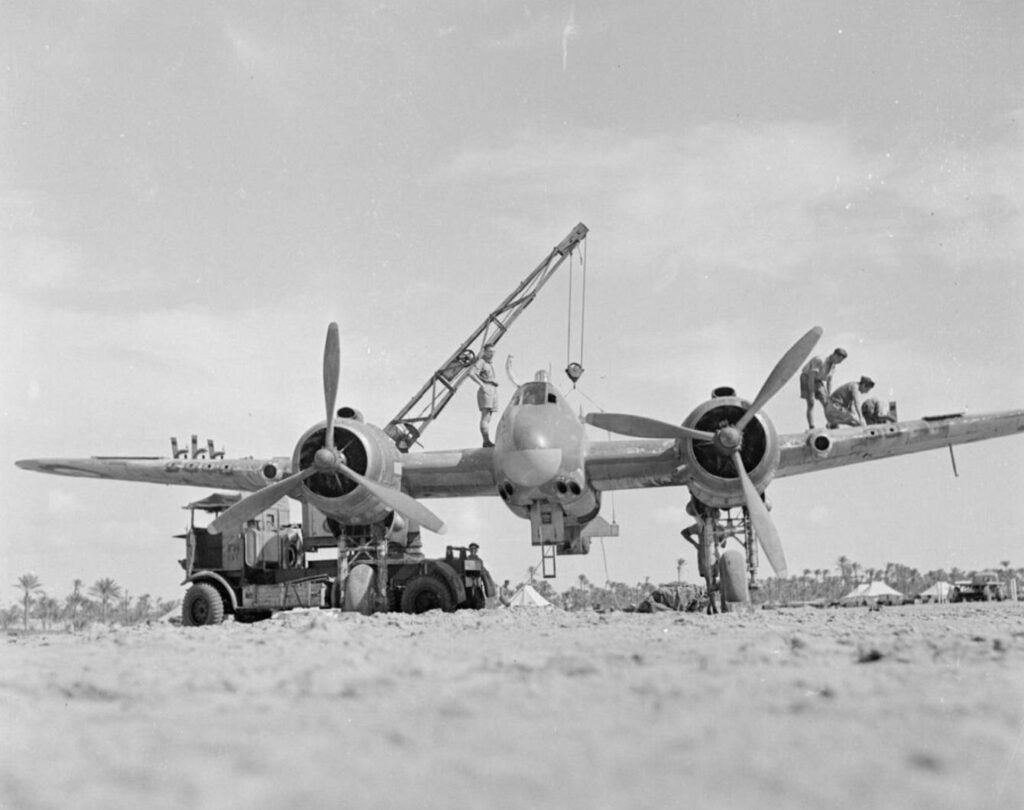 No. 252 Squadron Bristol Beaufighter Mark IC T4982 prepared for gun alignment on the firing range at Idku in Egypt