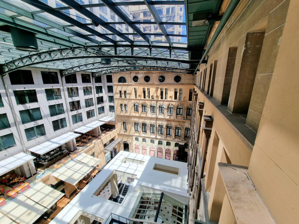 Interior of The Fullerton showing the preserved GPO building courtyard