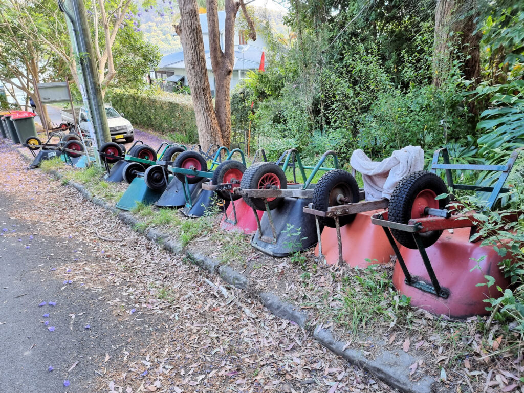 Wheel barrows to carry your things home in Brooklyn Ferry to Dangar Island