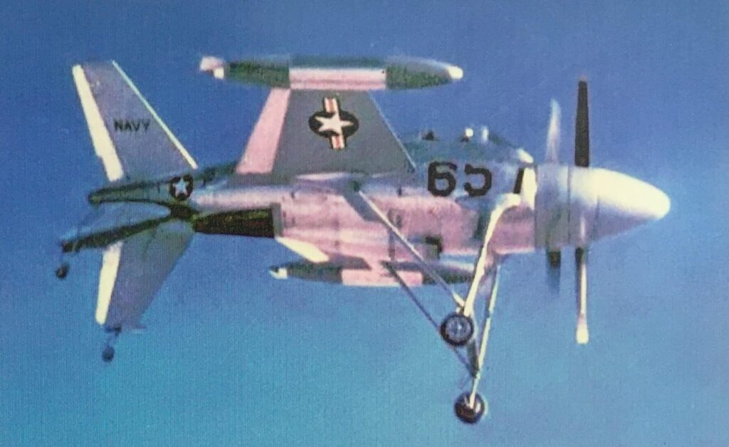 Lockheed XFV-1 Salmon in flight with temporary landing gear attached