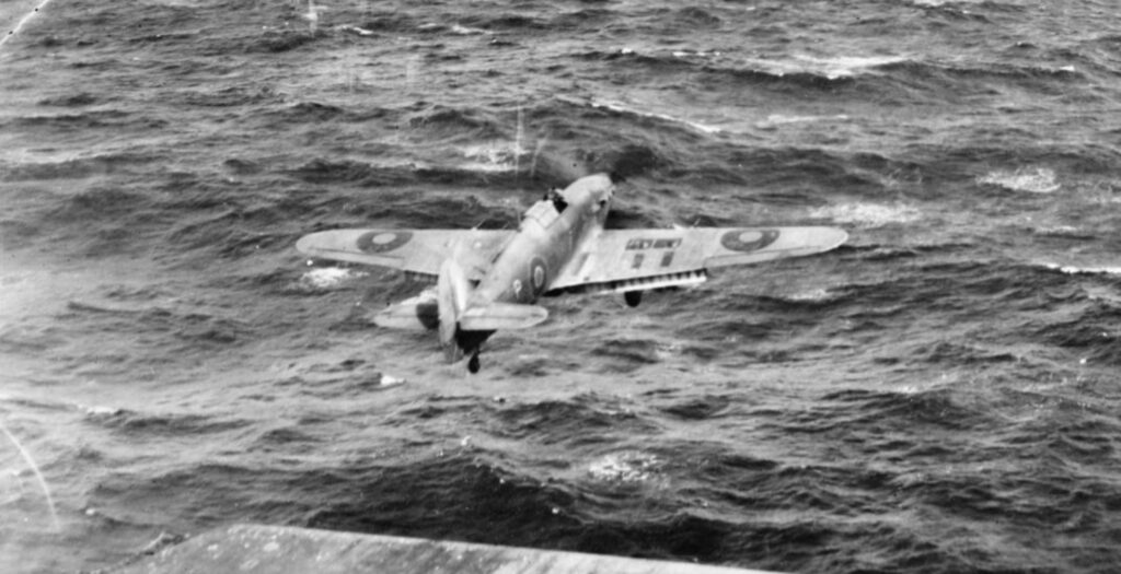 Hawker Sea Hurricane IIC of 825 NAS takes off from HMS Vindex