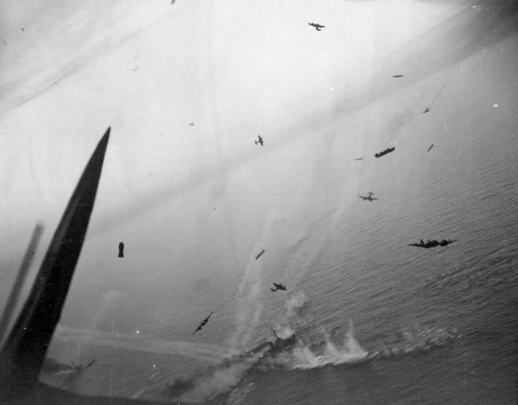 Attack on axis ships off Heligoland, by the ANZAC Strike Wing, including No. 489 Squadron Beaufighters