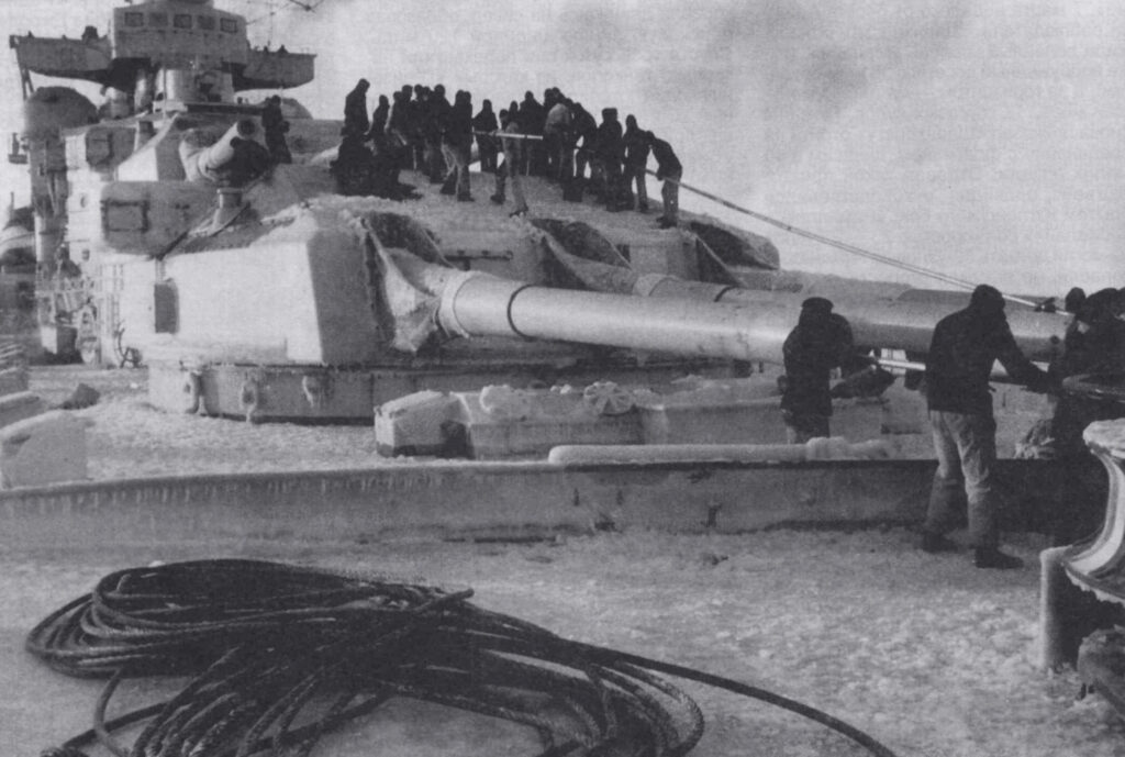 Damaged by a severe storm during her breakthrough attempt into the North Sea German battleship Gneisenau gets her 283 mm guns cleaned