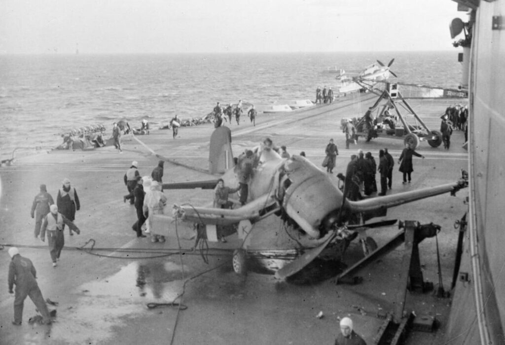 Vought F4U Corsair after colliding with HMS Illustrious island