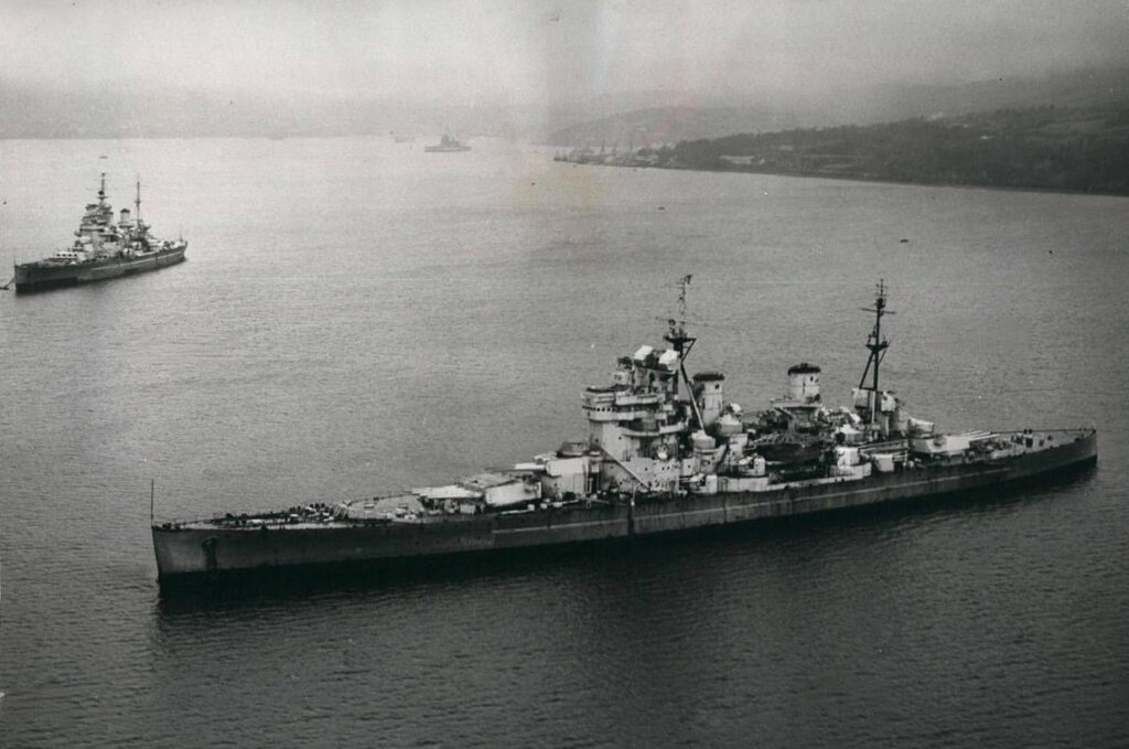 HMS Duke of York, HMS King George V and HMS Anson anchored at Garelock while awaiting their scrapping