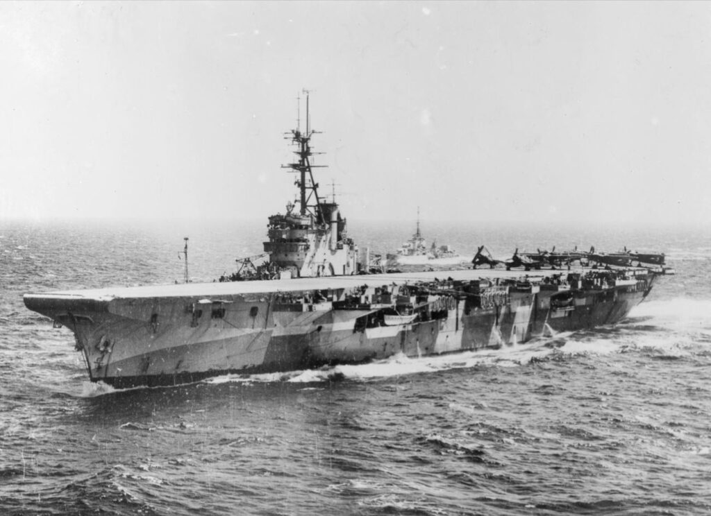 HMS Glory (R62) with HMS Wizard (R72) in the Pacific August 1945