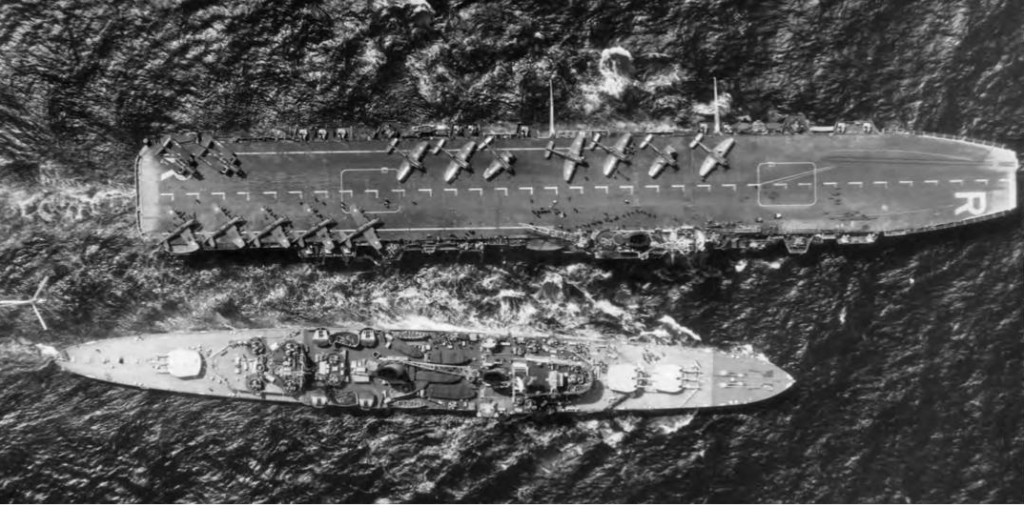 HMS Glory and a Town class cruiser, probably HMS Birmingham, during the Korean War