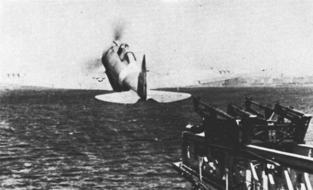 Takeoff of a Reggiane Re.2000C from the catapult of Vittorio Veneto