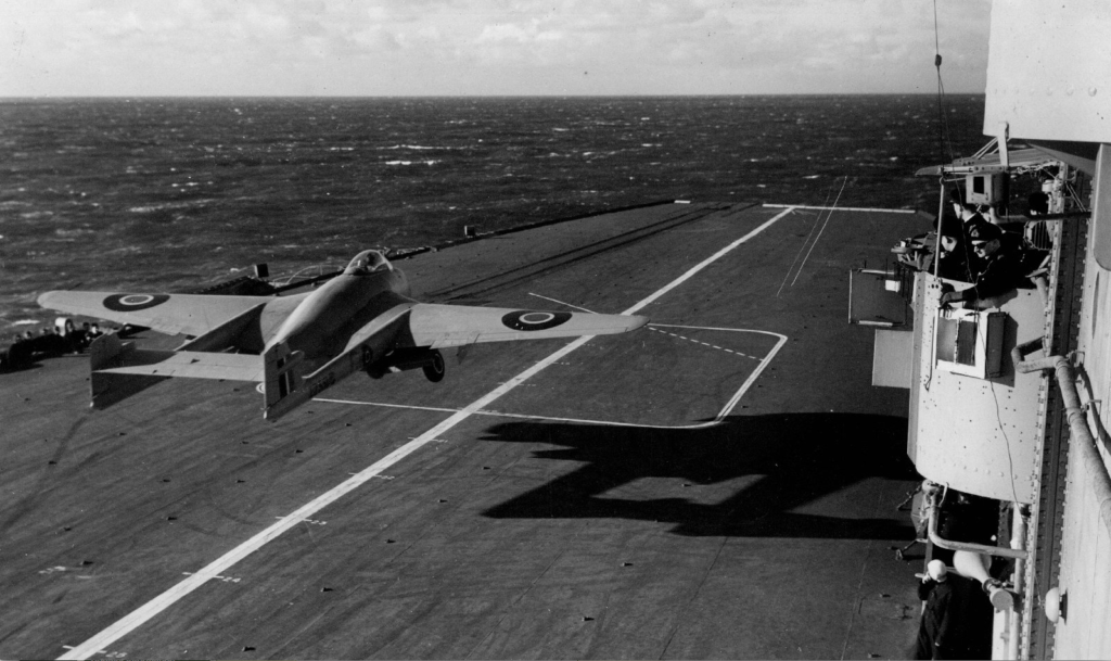 De Havilland Sea Vampire Mk.10 takes off from HMS Ocean, 3 December 1945