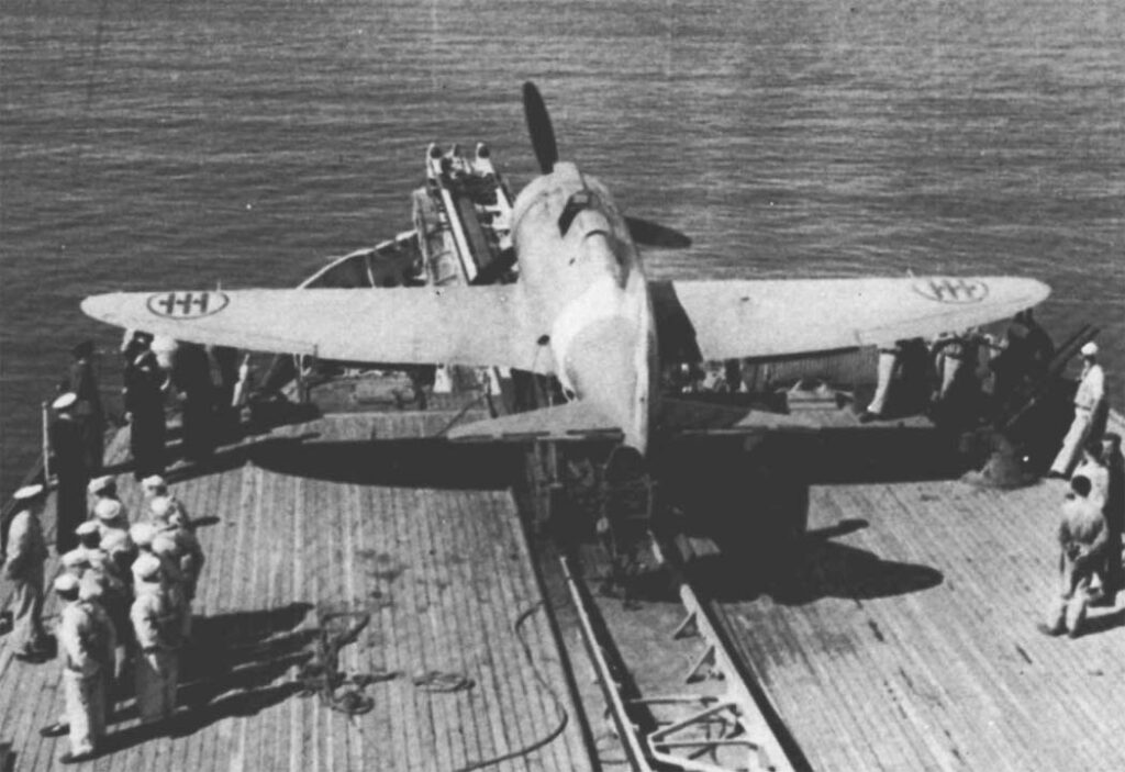 Reggiane Re.2000C on the catapult of Vittorio Veneto