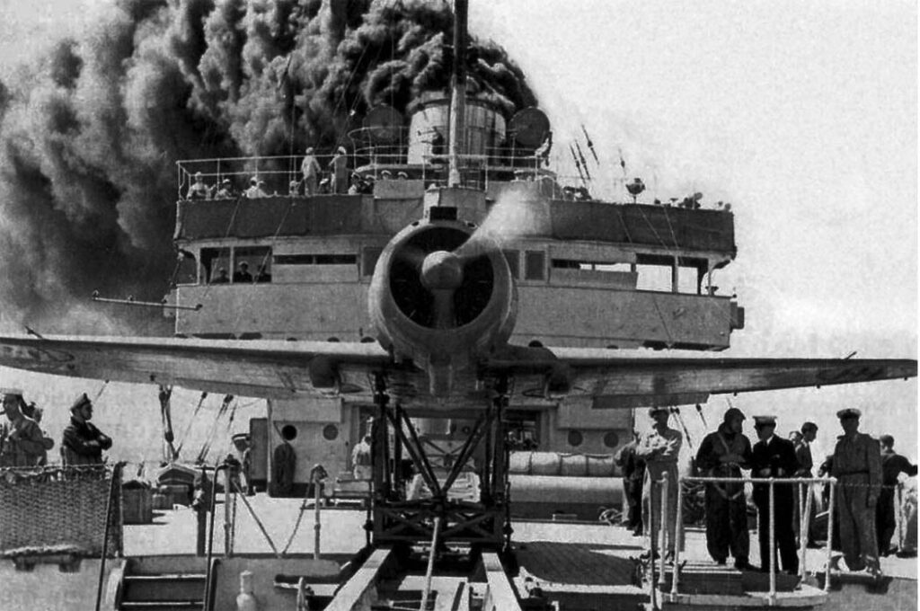 Reggiane Re.2000C on the catapult of Vittorio Veneto