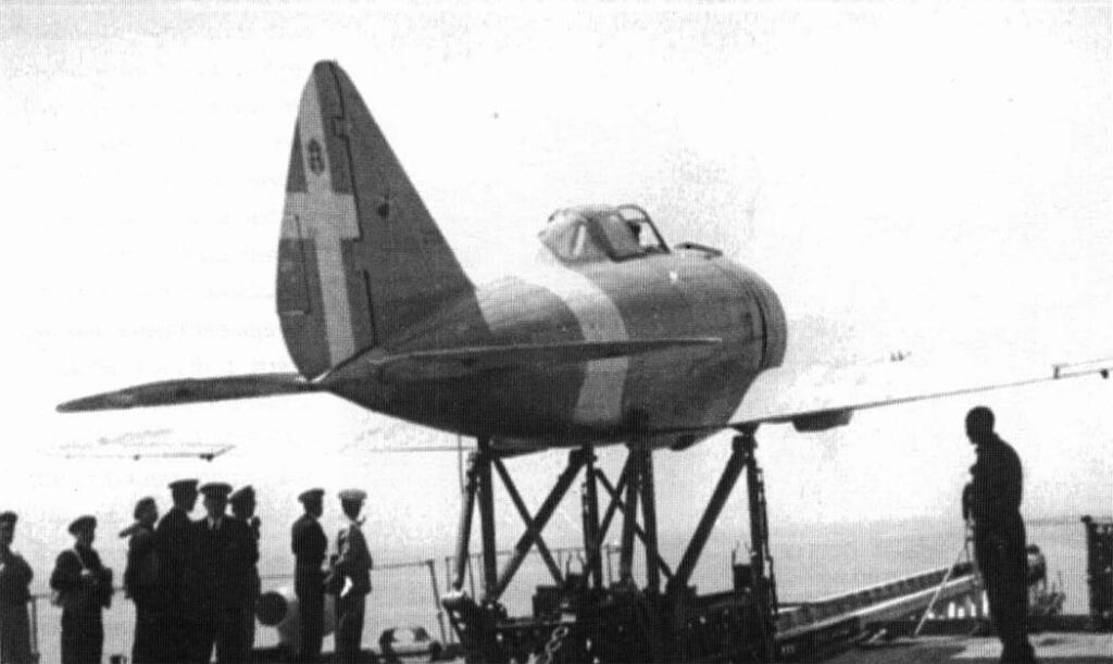 Reggiane Re.2000C on the catapult of Vittorio Veneto