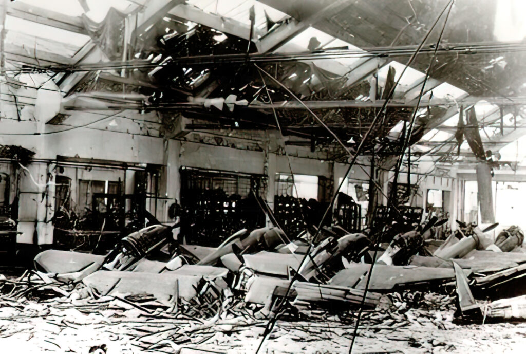 Destroyed Re.2005 fighters at the Reggiane assembly line after its destruction by Allied bombers Reggio Emilia Italy 8th Jan 1944