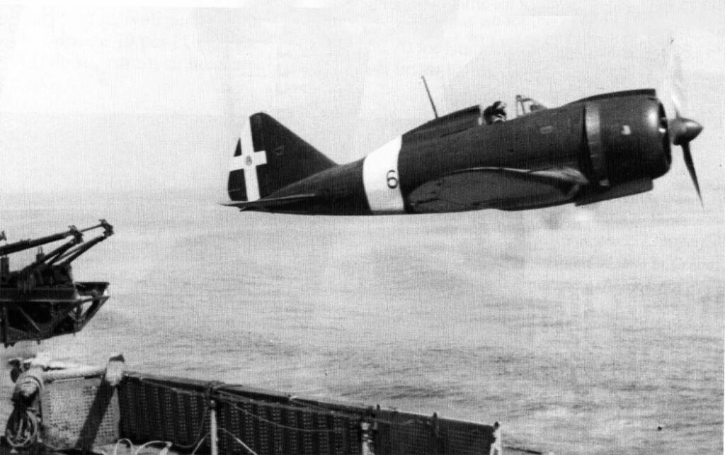 Takeoff of a Reggiane Re.2000C from the catapult of Vittorio Veneto