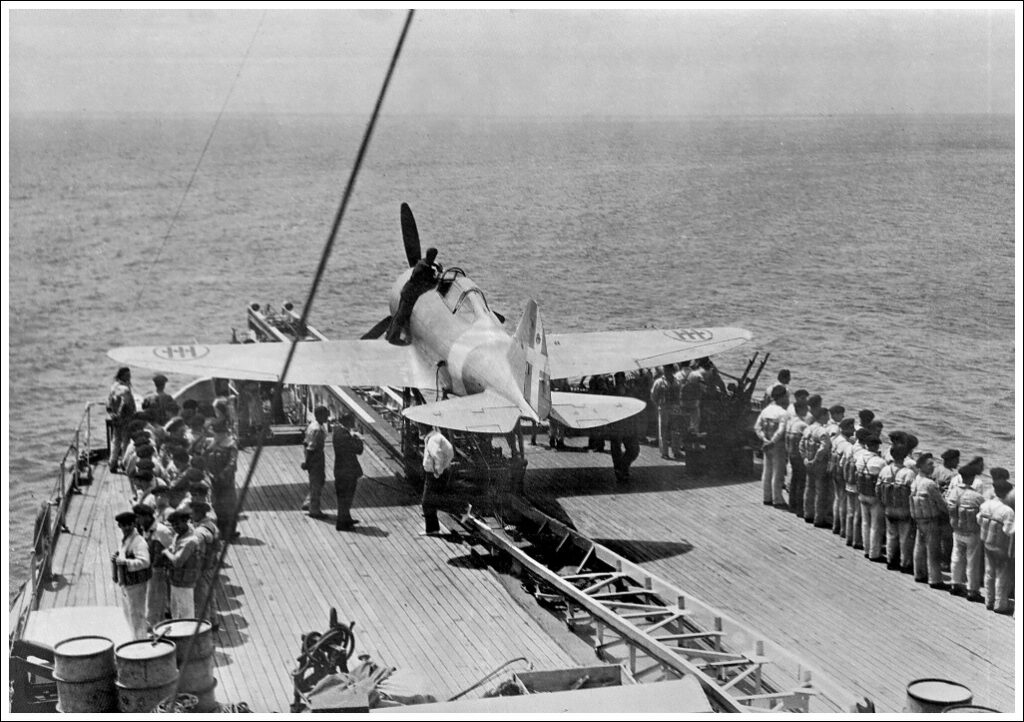 Reggiane Re.2000C on the catapult of Vittorio Veneto