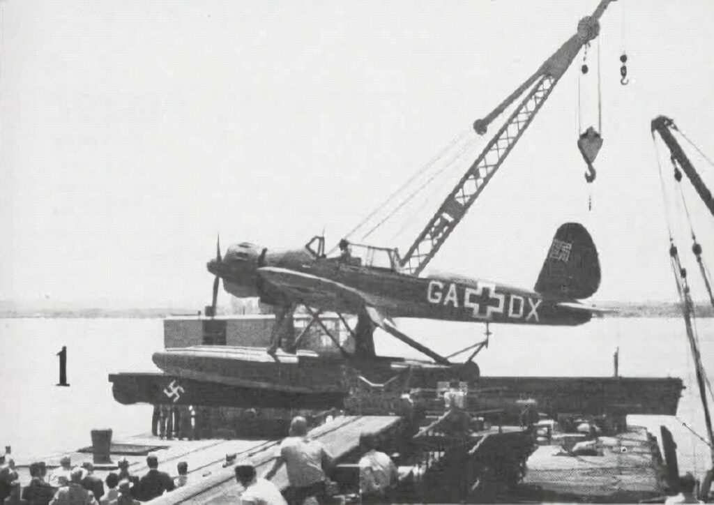 Arado Ar 196A-5 seaplane being catapulted in 1947 at the Naval Air Materiel Center in Philadelphia, Pennsylvania