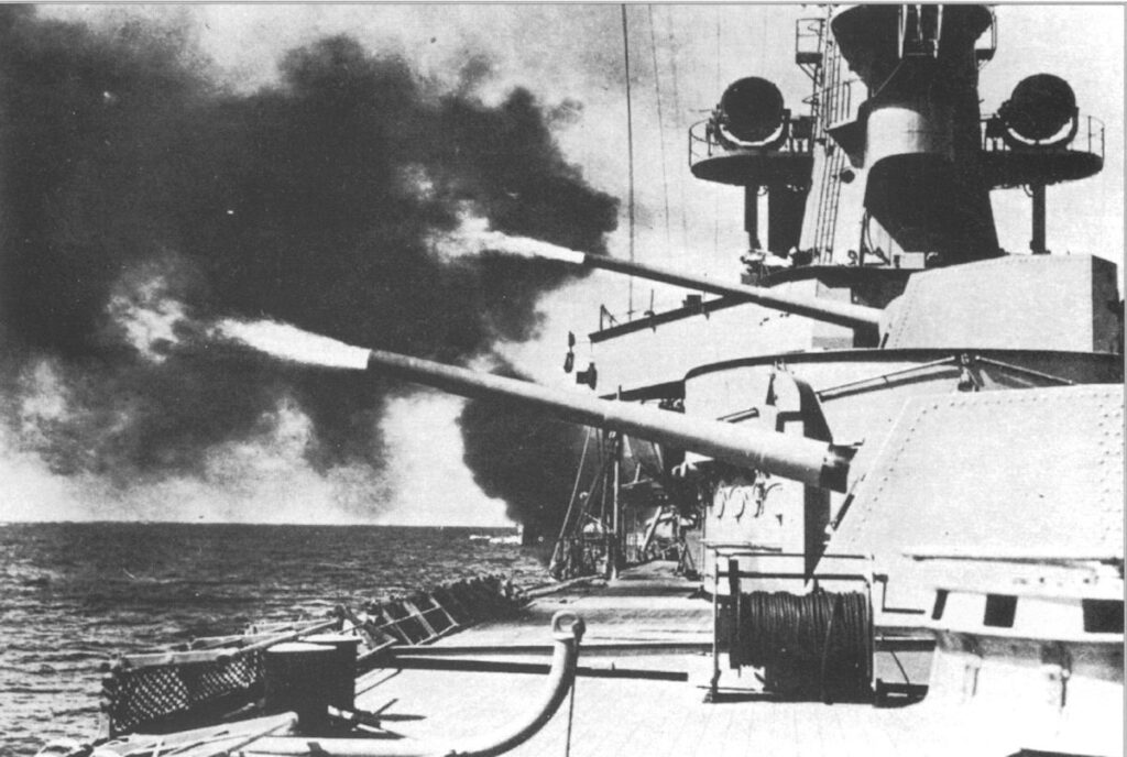 HNLMS De Ruyter firing main guns