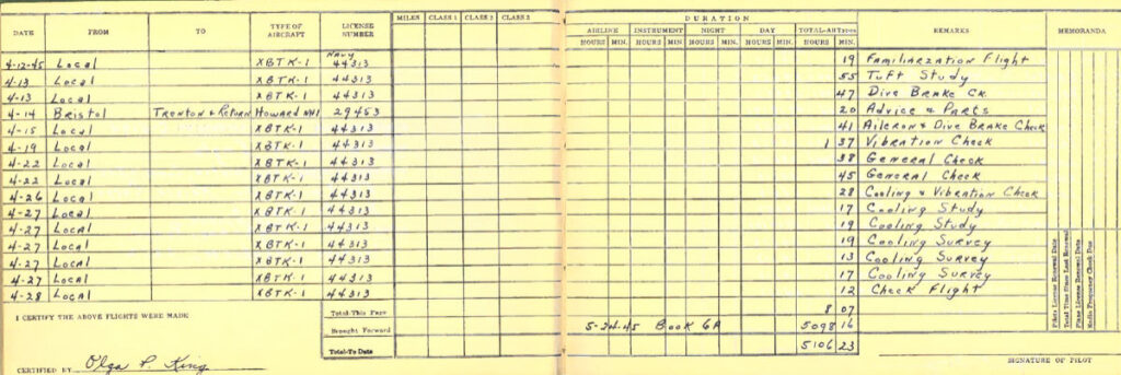 Test Pilot Bill Engle's log book for the Kaiser-Fleetwings XBTK-1 flights