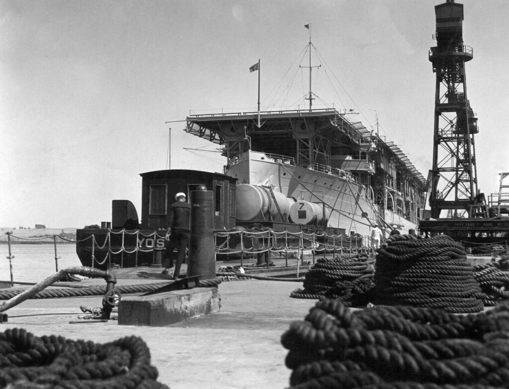 USS Langley CV-1 at Mare Island in October 1936, at the start of her conversion to a seaplane tender