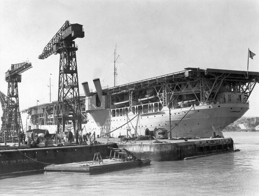 USS Langley CV-1 at Mare Island in October 1936, at the start of her conversion to a seaplane tender