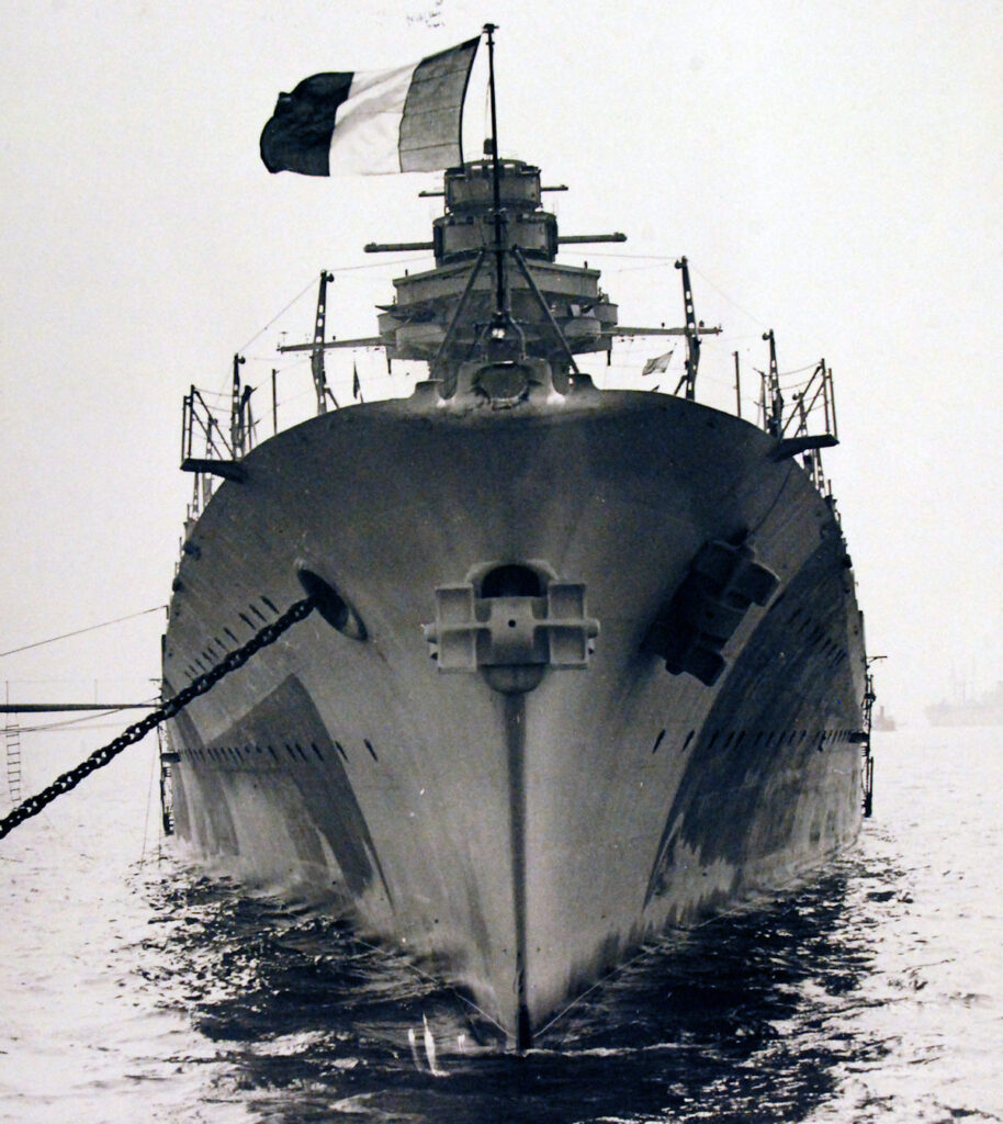 Richelieu, bow view at the New York Navy Yard 14 August 1943