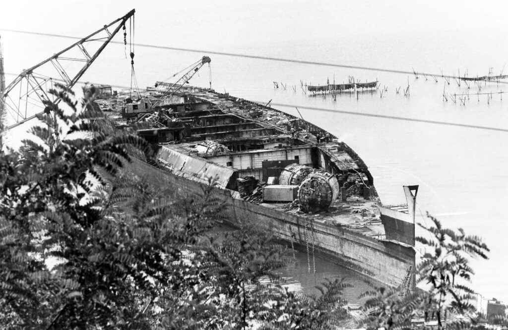 Richelieu with its scrapping well underway, La Spezia, second half of 1969