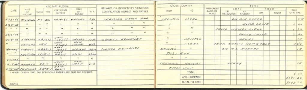 Test Pilot Bill Engle's log book for the Kaiser-Fleetwings XBTK-1 taxi flights before the maiden flight