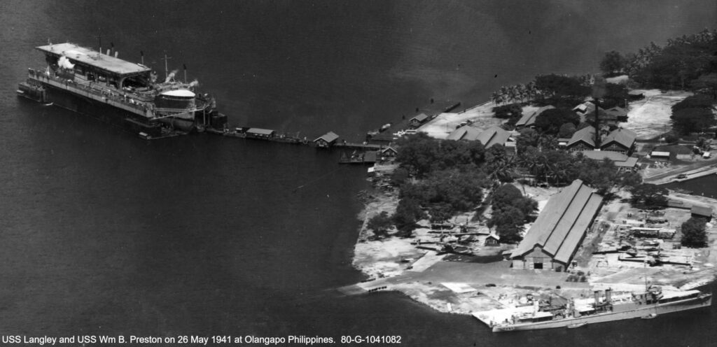 USS Langley AV-3 drydocked in USS Dewey (YFD-1) at Naval Station Subic Bay, Philippines, 26 May 1941