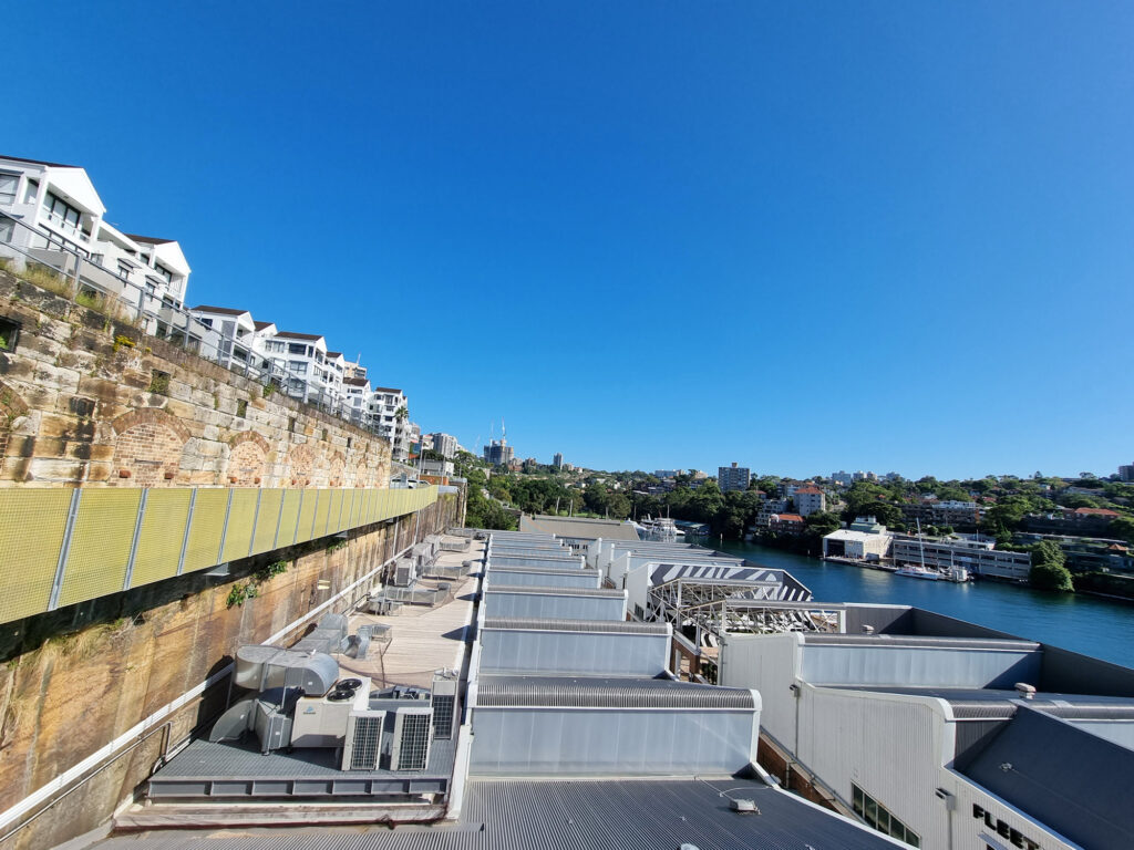 View over the workshops with the upper walkway on the left Sub Base Platypus