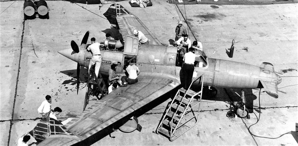 Curtiss-Wright XP-55 Ascender being final assembled outdoors at the factory. June or July 1943