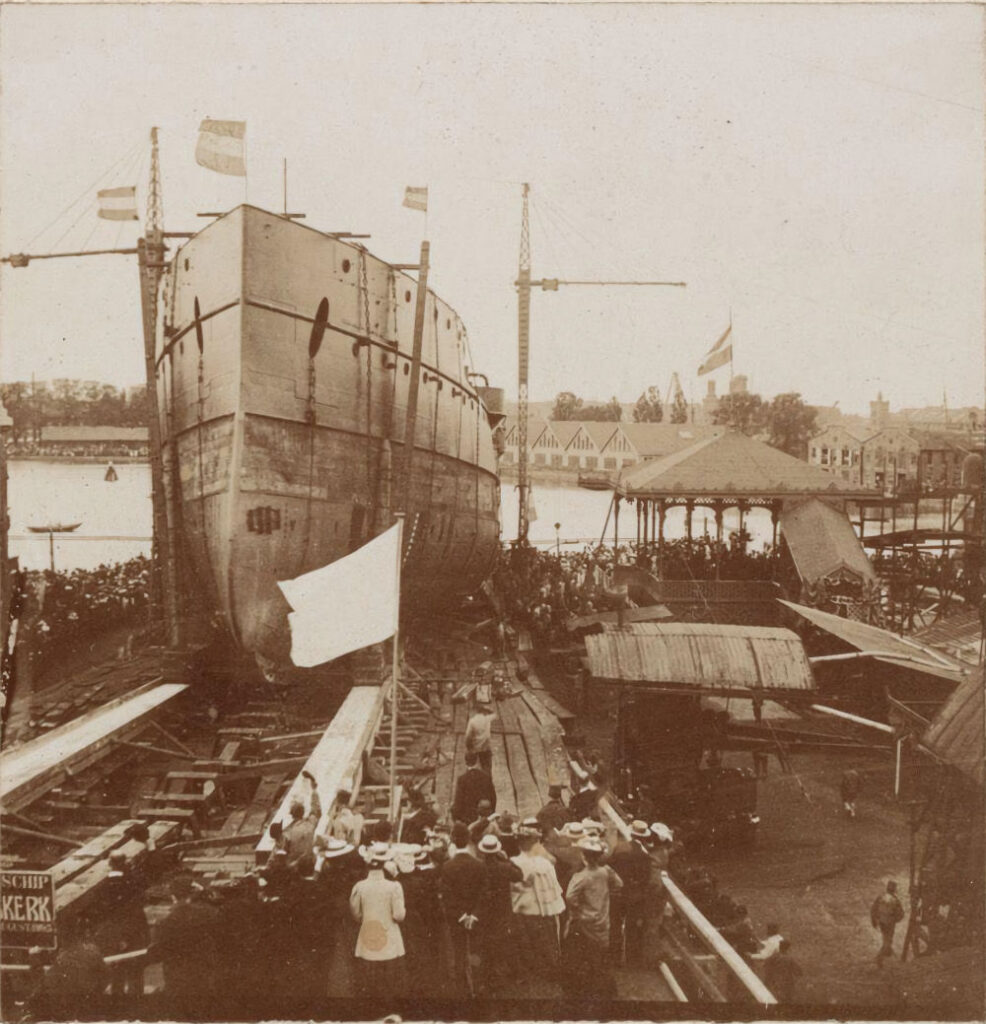 HNLMS Jacob van Heemskerck (1906) being launched on 22 September 1906