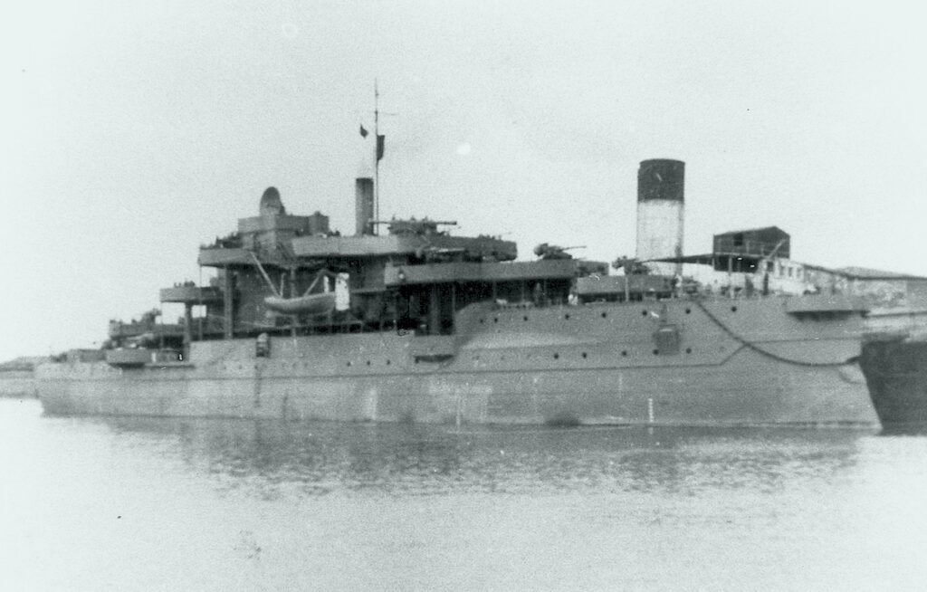 Hertog Hendrik shortly after her reconstruction into German anti-aircraft battery Ariadne