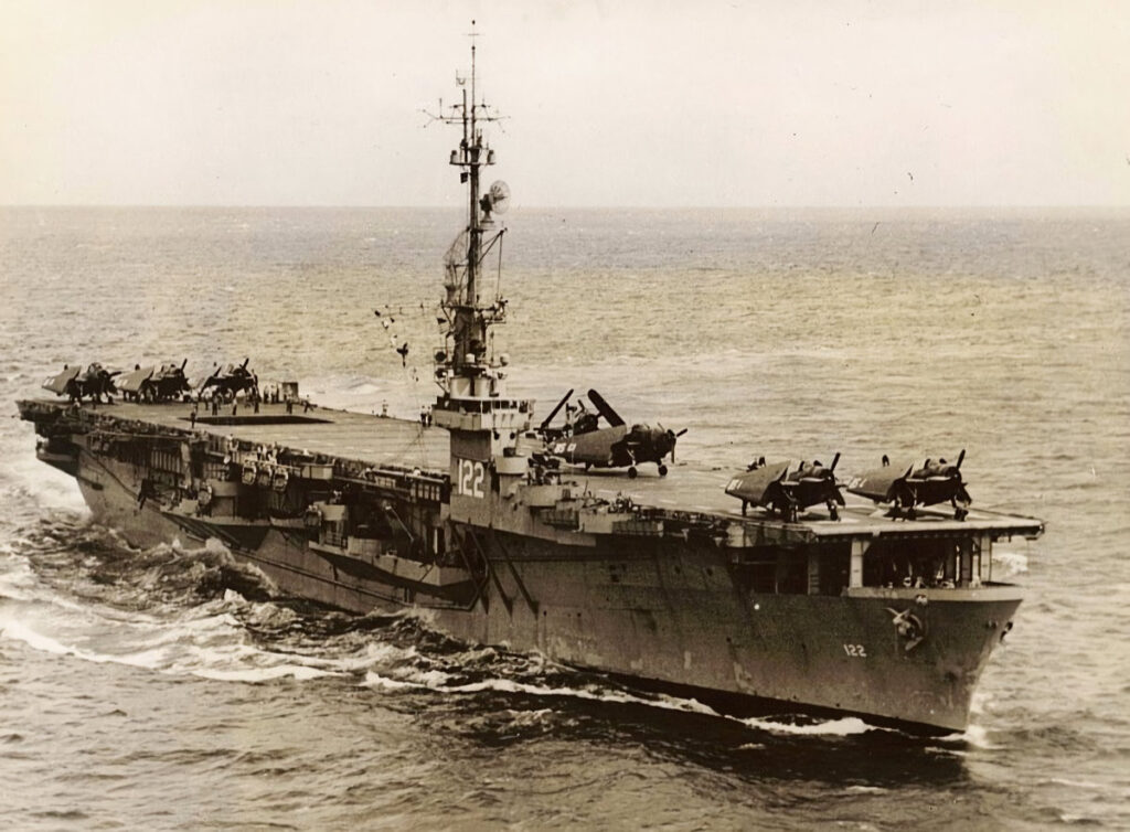 USS Palau (CVE-122) underway, 10 May 1950. Note the anti-submarine Grumman TBM-3E Avengers on deck