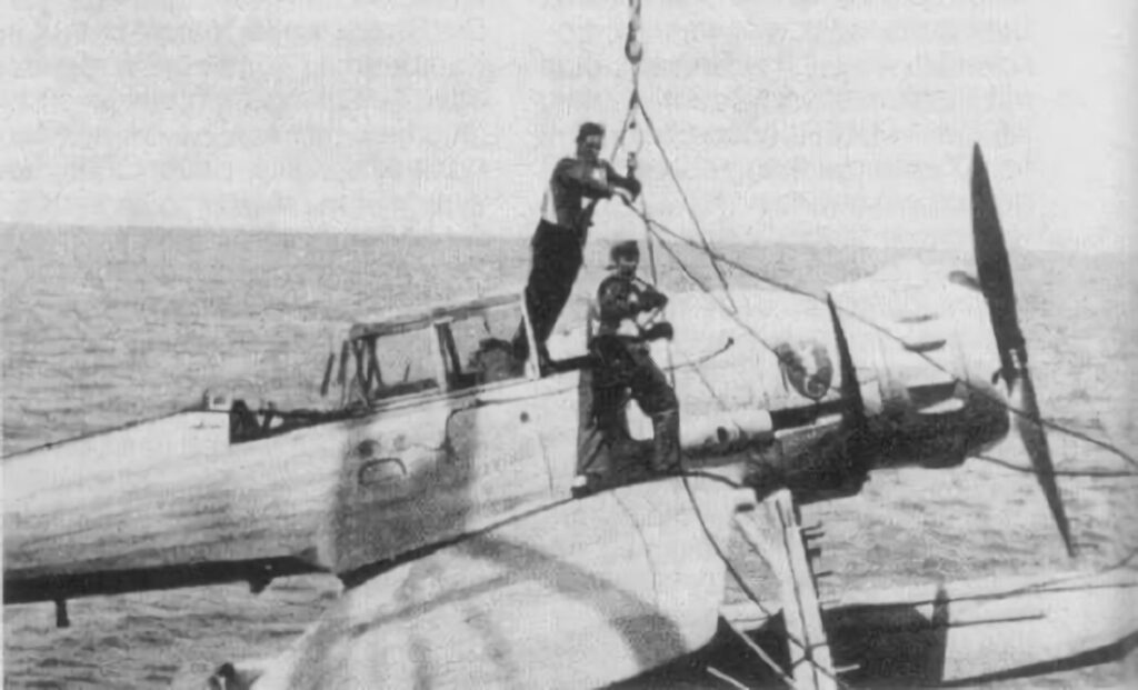 Arado Ar 196 A-1 of 1.BordFlGr196 being retrieved on Admiral Scheer