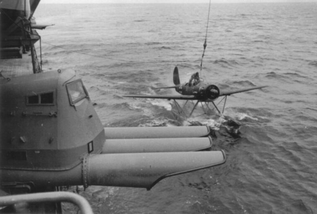 Arado Ar 196 A-5 of 1.BordFlGr196 (T3+LH) Wrk. Nr 100506 being recovered aboard KMS Prinz Eugen