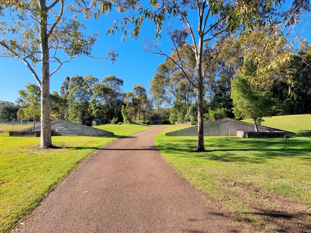 Entrance and main pathway through Brickworks Park