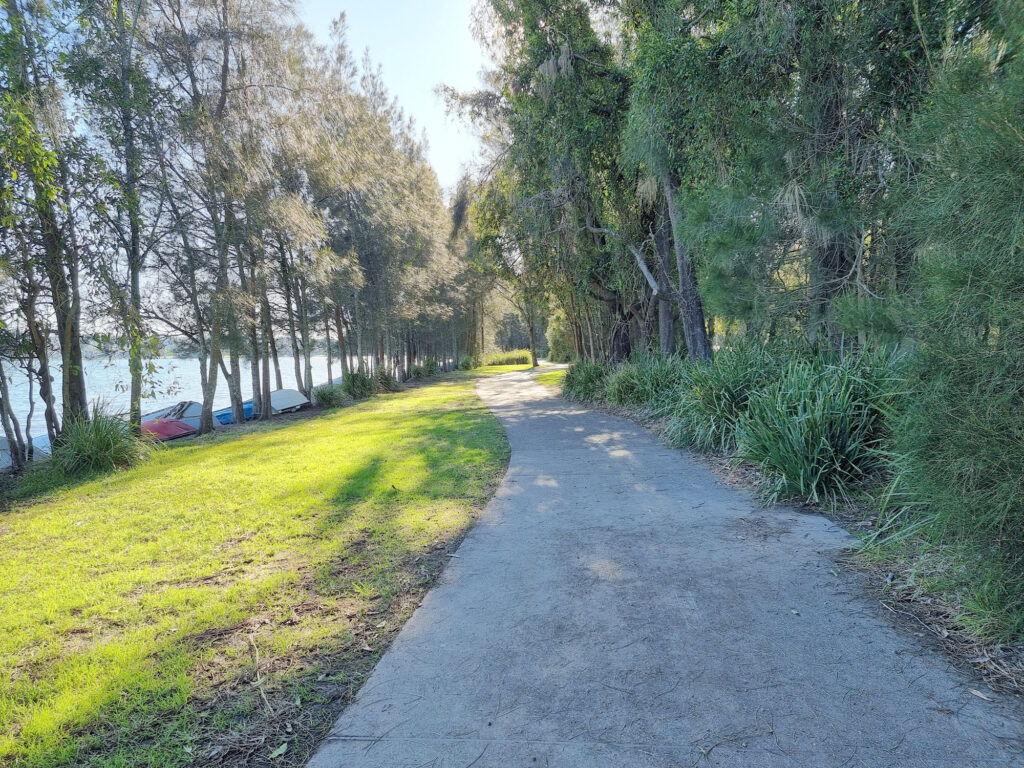 Walking and cycling track with Lake Macquarie on the left