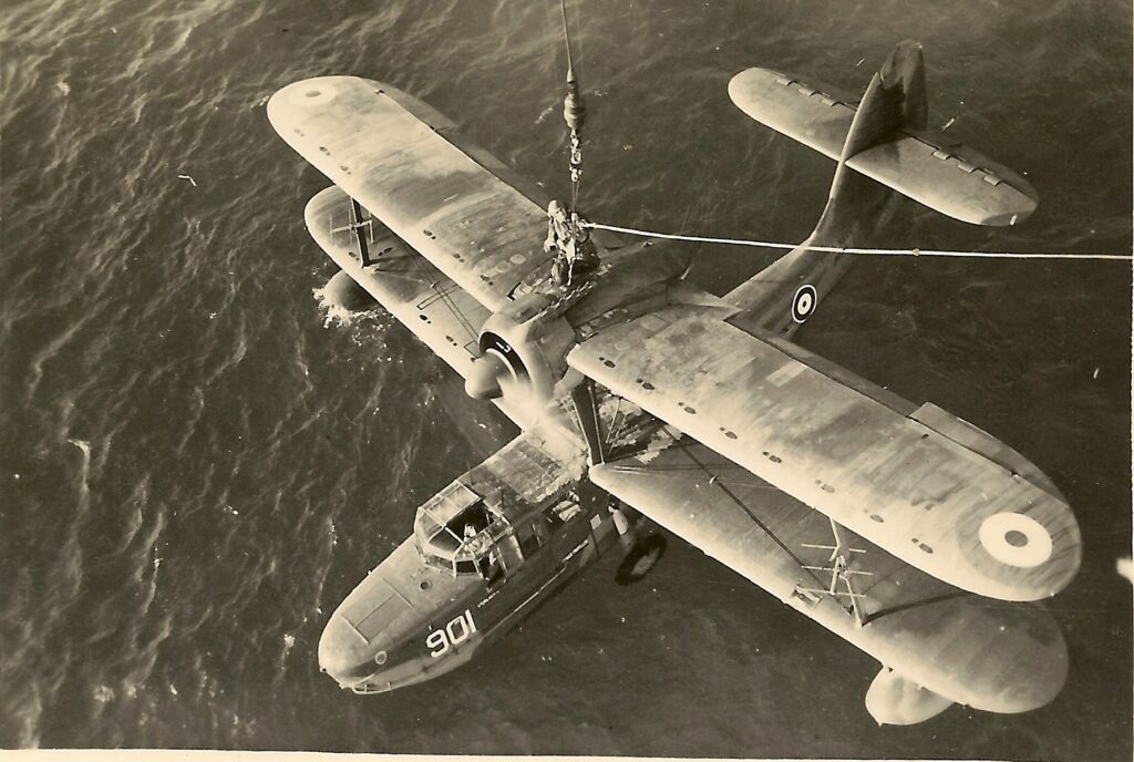 Supermarine Sea Otter Being hooked on to be lifted onboard HMS Triumph